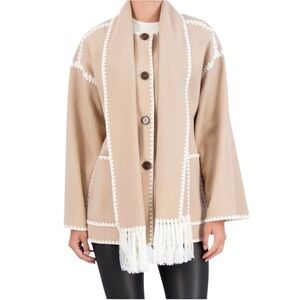 NWT Ookie & Lala Vegan Cashmere‎ Scarf Coat Whipstitch Trim Small S Neutral Fall